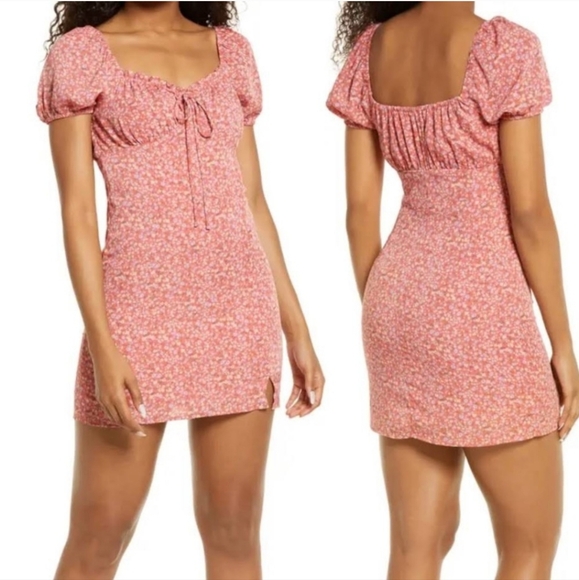bp Dresses & Skirts - BP Women Pink Multi Ditsy Floral Printed Tie Front Puff Sleeve Mini Dress Sz. S